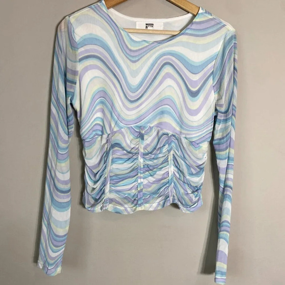 Madden NYC Y2K Wavy Corset Crop Top Women's Large Long Sleeve Mesh Stretch - Picture 6 of 14